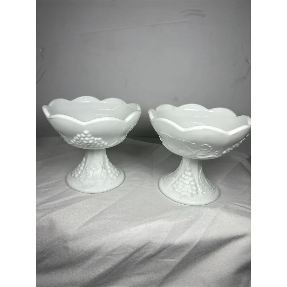 Indiana Glass Company white milk glass taper candle holders Harvest Grape Pair